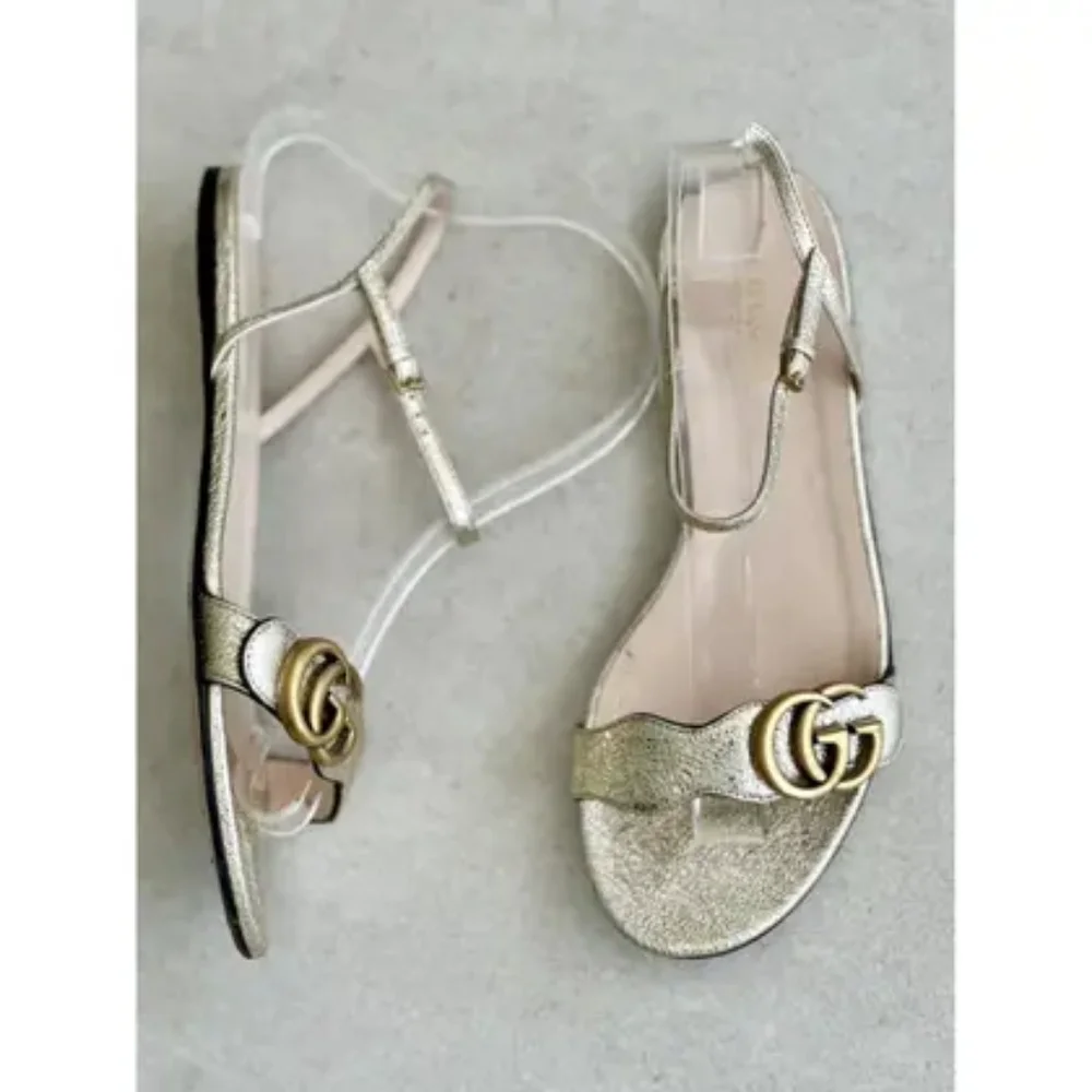 Gucci GG Metallic Gold Marmont Ankle Buckle Sandals Scalloped Flat Heel - Picture 3 of 5